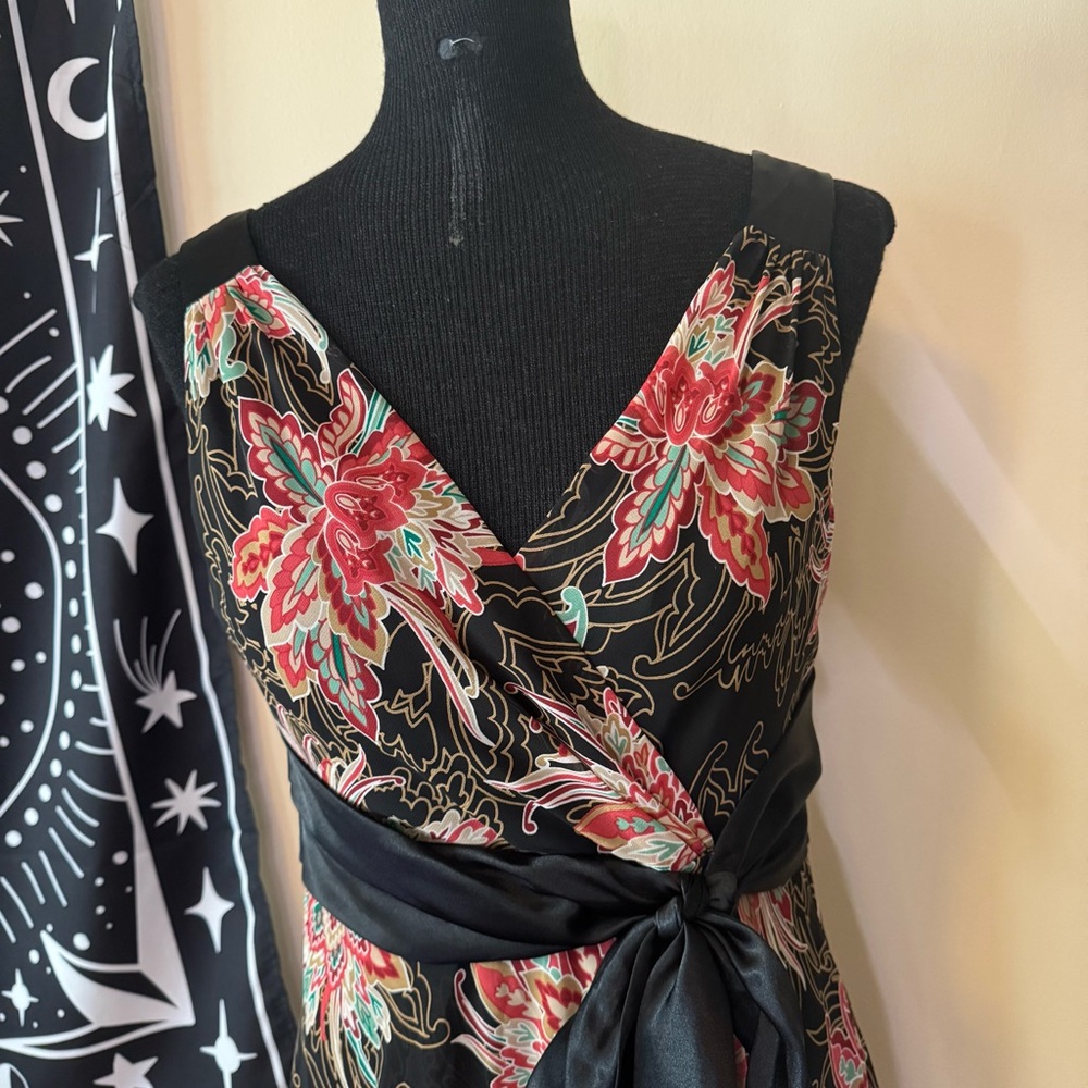 VTG Genuine EVAN PICONE Sz 8 Floral Dress Y2K Lined Belted Black Paisley Prom